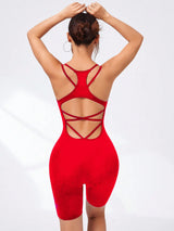 Women Spaghetti Straps Yoga Jumpsuit Crisscross Hollow Back One Piece Bodysuit High Stretch Tight Biker Shorts Gym Workout Fitne