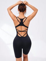 Women Spaghetti Straps Yoga Jumpsuit Crisscross Hollow Back One Piece Bodysuit High Stretch Tight Biker Shorts Gym Workout Fitne