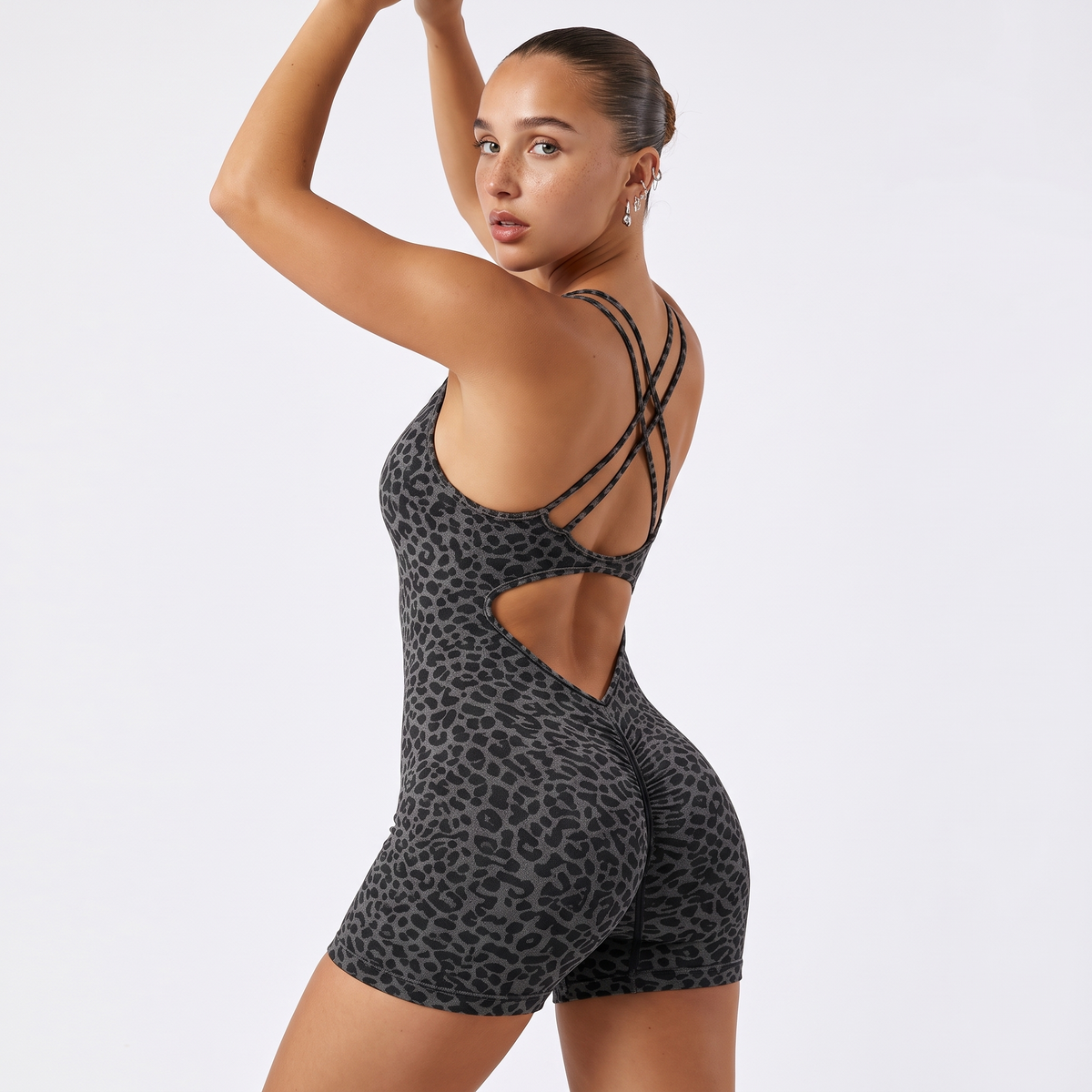 Women Leopard Print Spaghetti Strap Short Yoga Romper Scoop Neck Slim One Piece Fitness Bodysuit High Stretch Gym Workout Sport