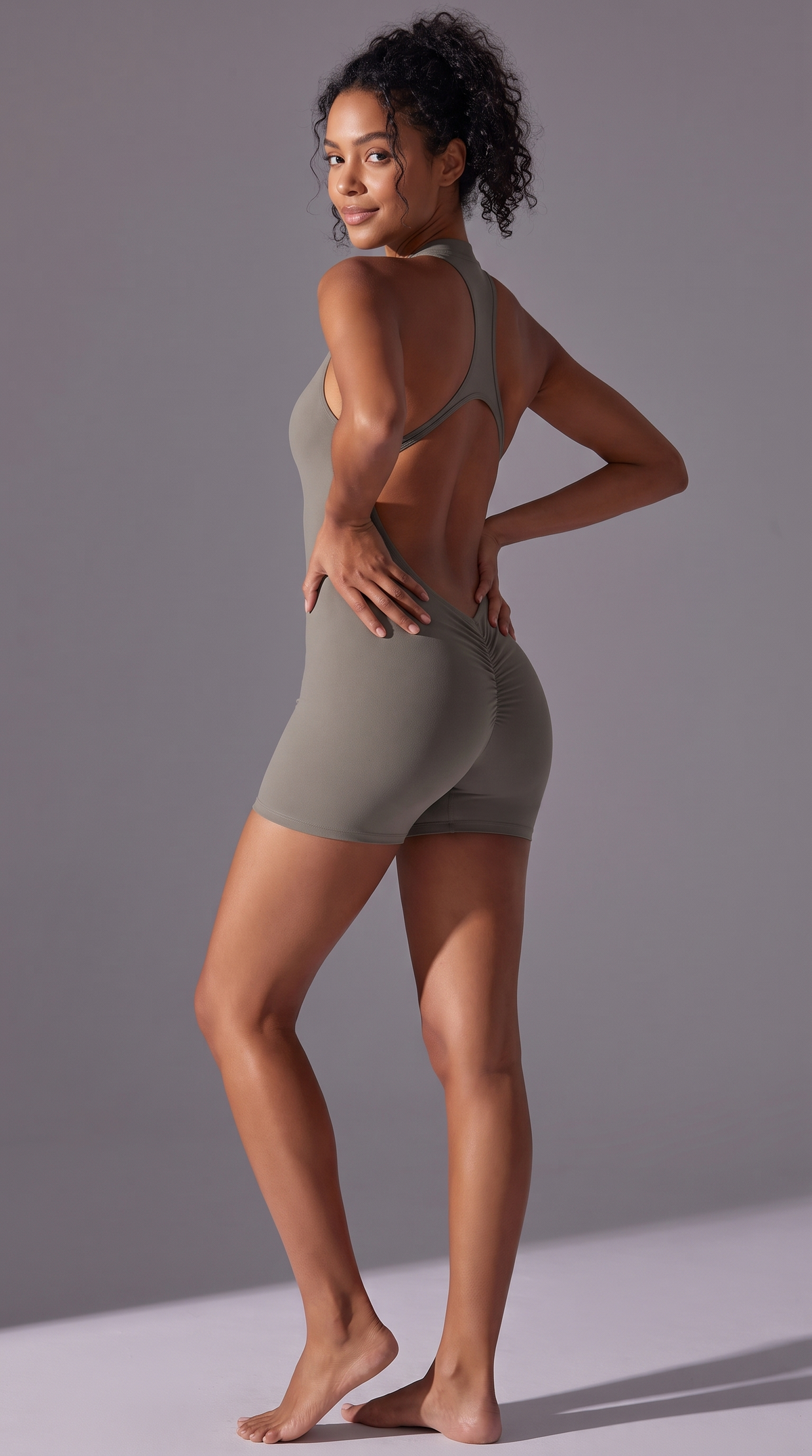 Women's Nude Solid Color One-Piece Romper Tight-Fit Yoga & Running Suit