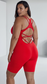 'Scarlet' Women Spaghetti Straps Yoga Jumpsuit Crisscross Hollow Back One Piece Bodysuit High Stretch Tight Biker Shorts Gym Workout Fitne