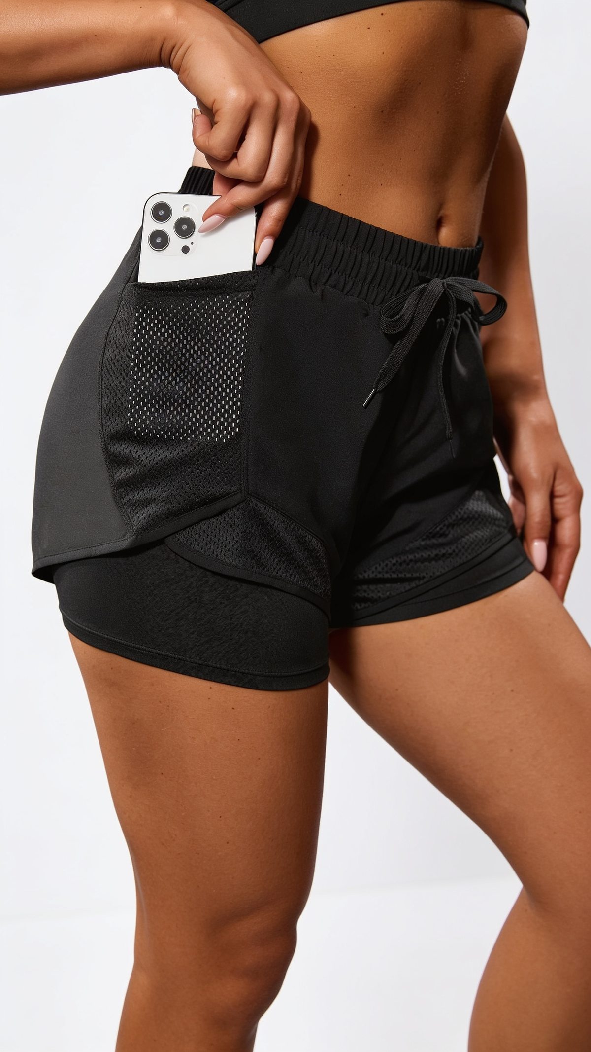FlexFit Women's Elastic Sports Shorts, Shorts With Pockets, Fake Two-Piece Yoga Leggings Running And Training
