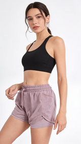 FlexFit Women's Elastic Sports Shorts, Shorts With Pockets, Fake Two-Piece Yoga Leggings Running And Training