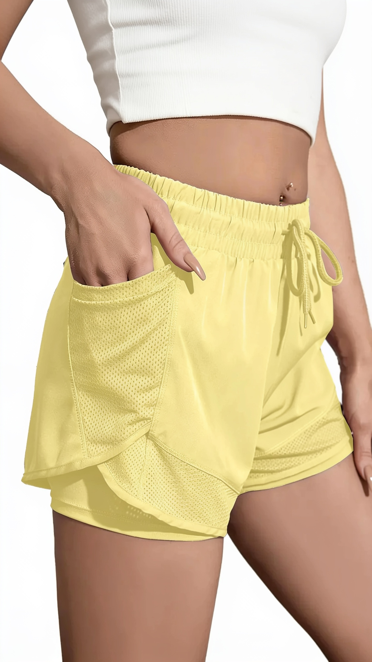 FlexFit Women's Elastic Sports Shorts, Shorts With Pockets, Fake Two-Piece Yoga Leggings Running And Training
